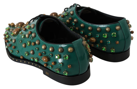 Green leather crystal dress brogue shoes by Dolce & Gabbana featuring intricate crystal details and classic brogue design.