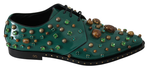 Green leather crystal dress brogue shoes by Dolce & Gabbana with decorative crystals and classic brogue detailing.