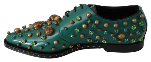 Green leather crystal dress brogue shoes by Dolce & Gabbana with detailed crystal embellishments and classic brogue design.