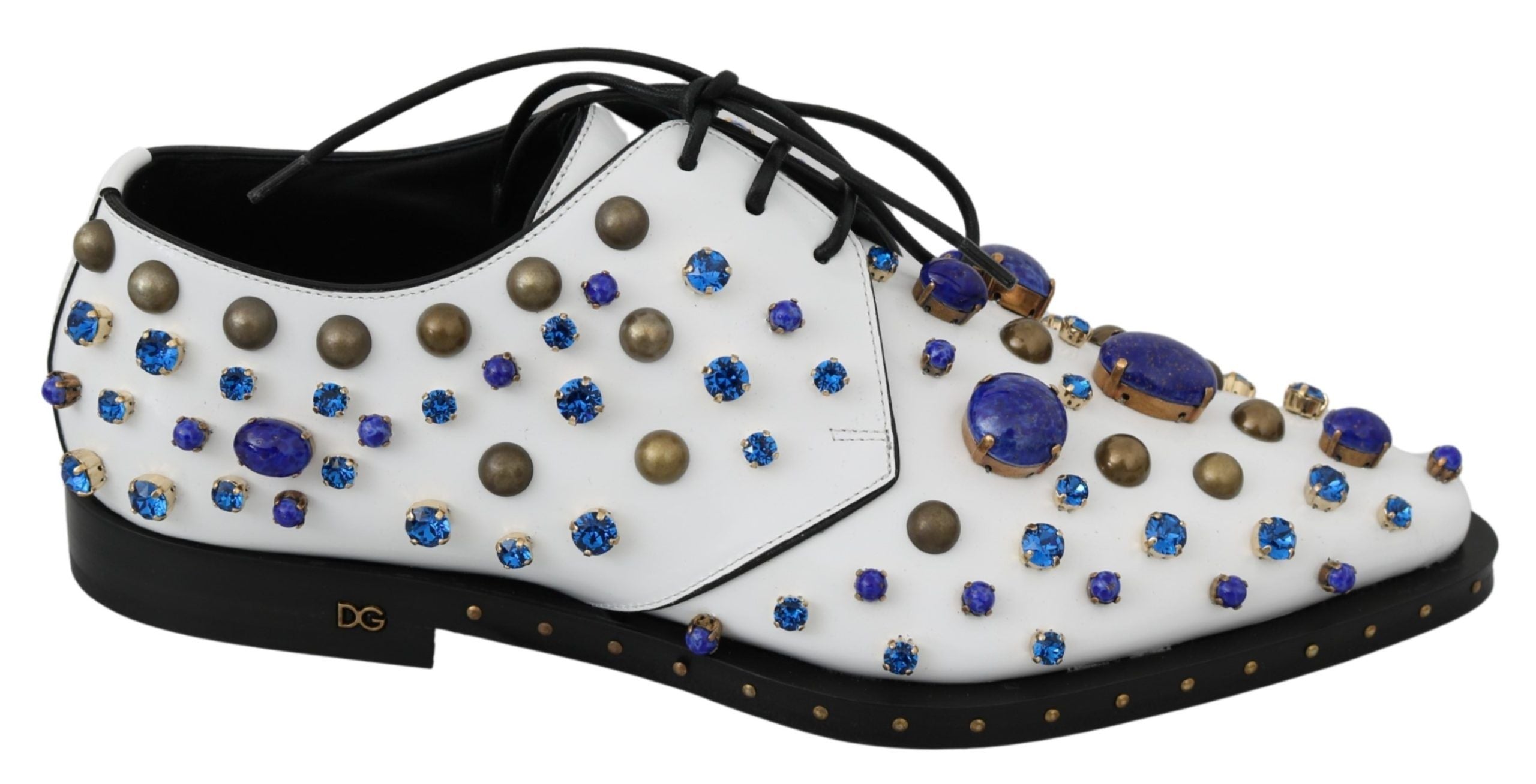 White leather brogue shoes with crystal embellishments by Dolce & Gabbana, featuring detailed stitching and a classic design.