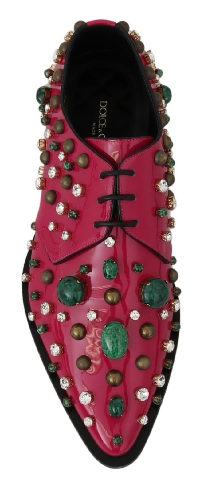 Pink leather brogue shoes with crystal embellishments by Dolce & Gabbana, featuring detailed stitching and classic design.