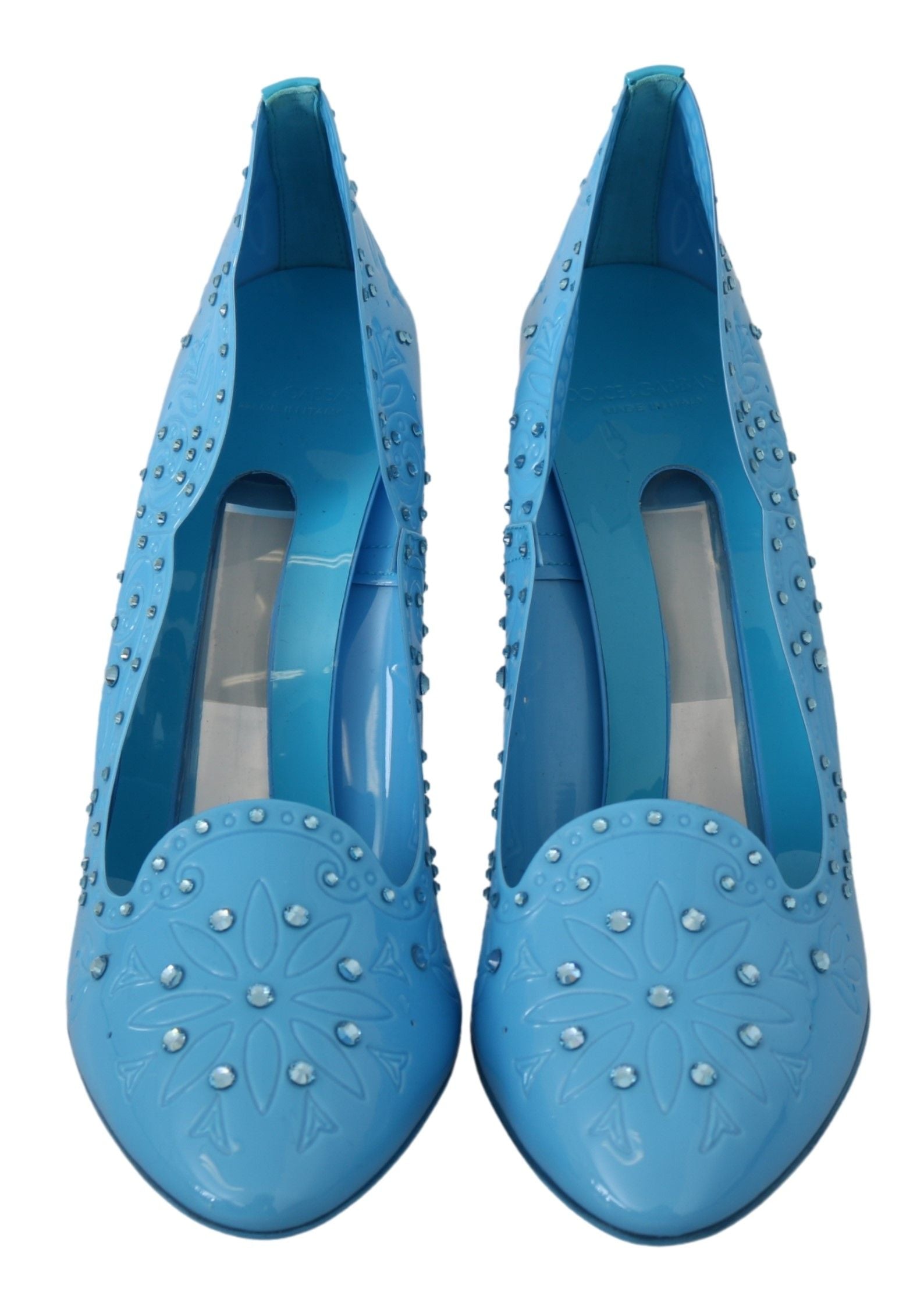 Blue crystal floral Cinderella heels shoes by Dolce & Gabbana, featuring elegant floral details and shimmering crystal accents.