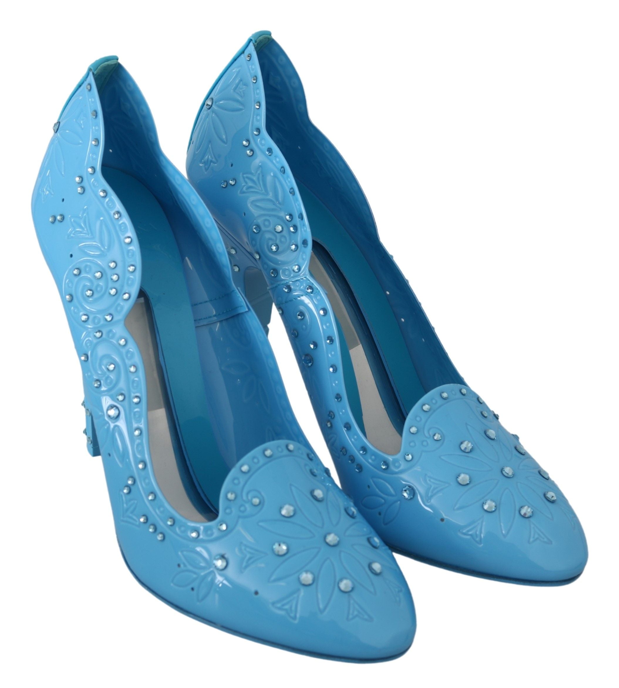 Blue crystal floral Cinderella heels shoes by Dolce & Gabbana with intricate floral embellishments and elegant design.