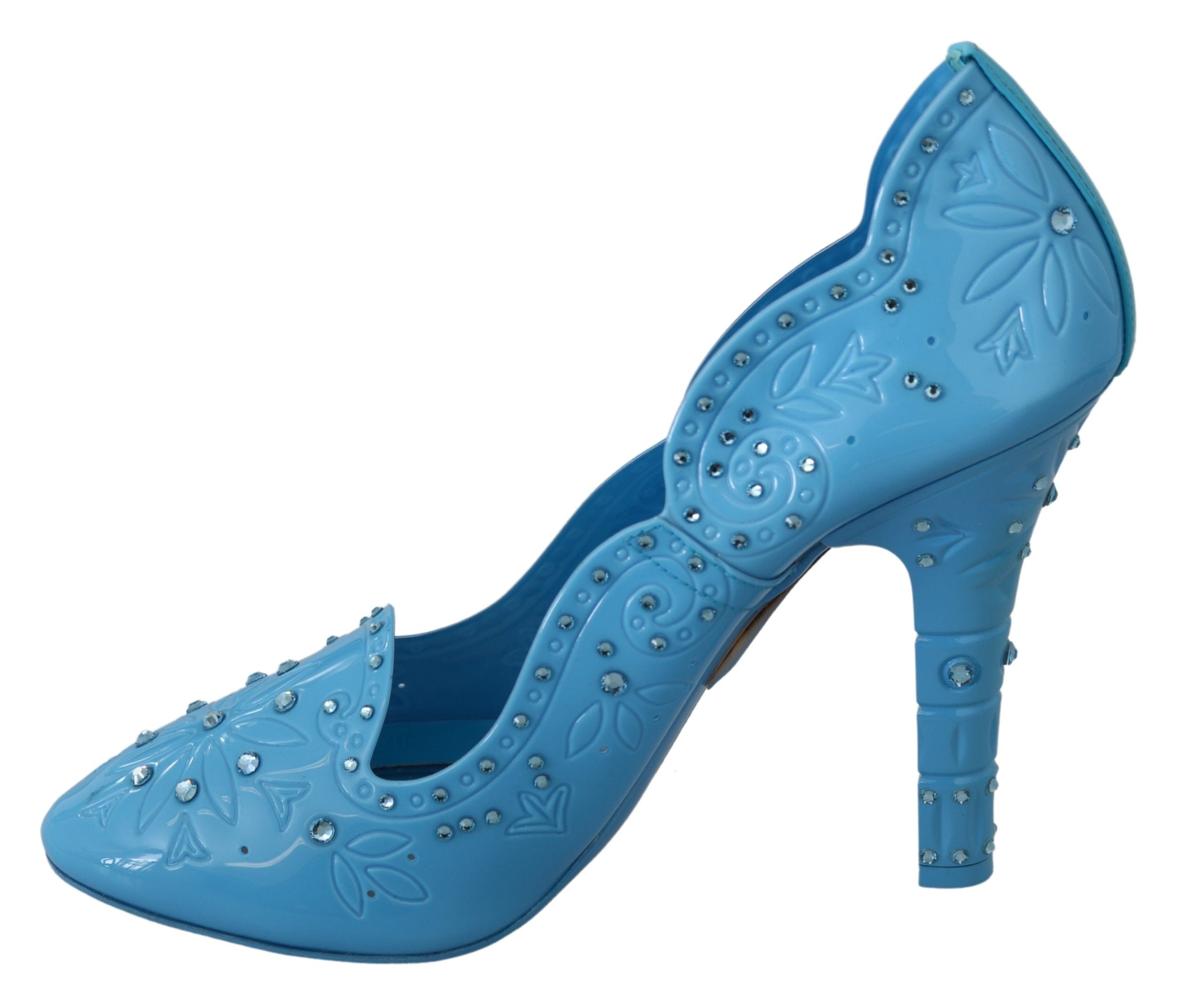 Blue crystal floral Cinderella heels shoes by Dolce & Gabbana with intricate floral embellishments and elegant high heel design.