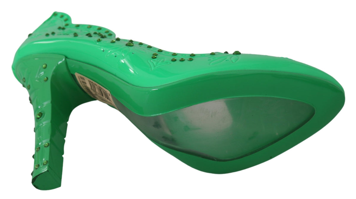Green crystal floral heels by Dolce & Gabbana featuring elegant floral embellishments and a stylish high heel design.