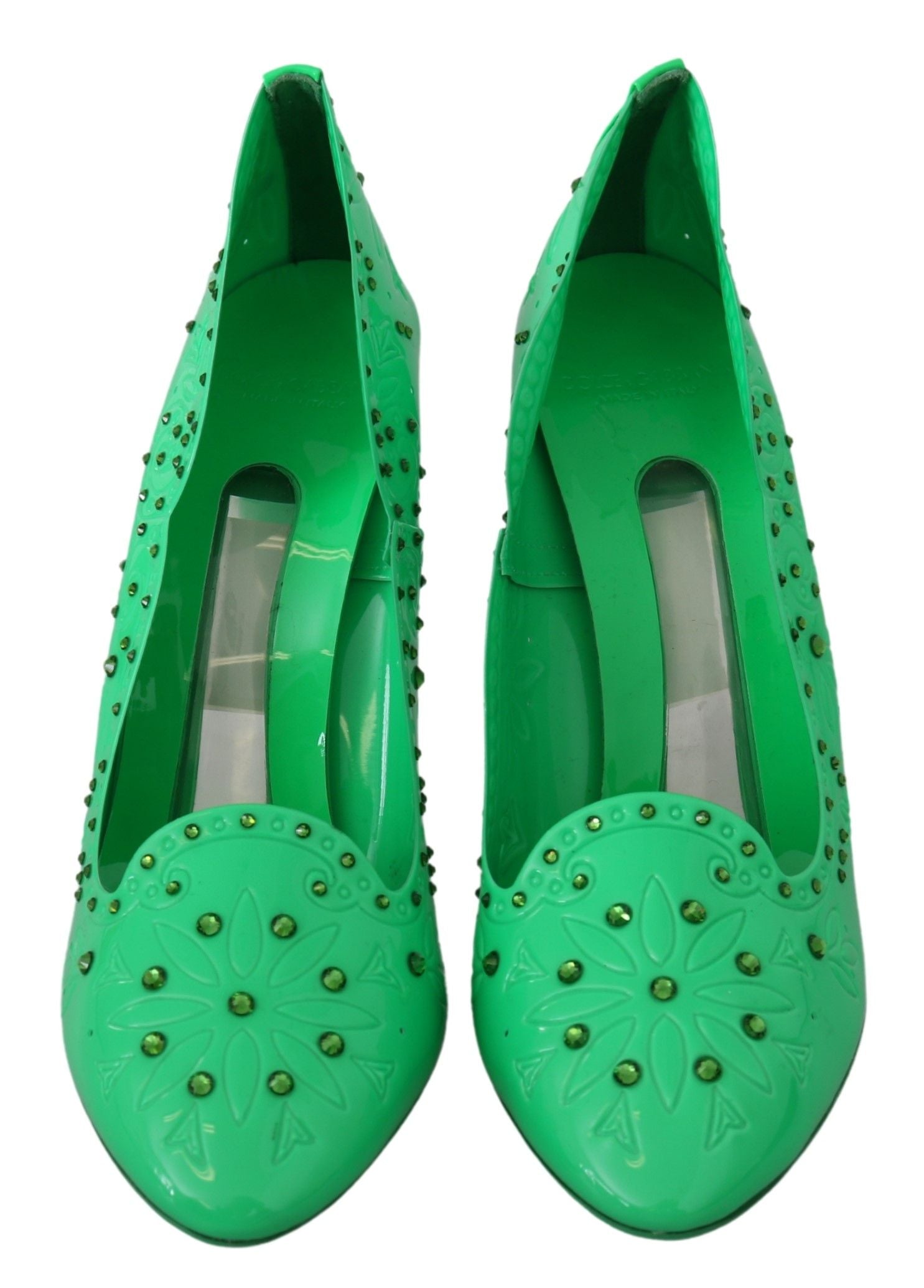 Green crystal floral heels by Dolce & Gabbana featuring elegant floral embellishments and a stylish heel design.