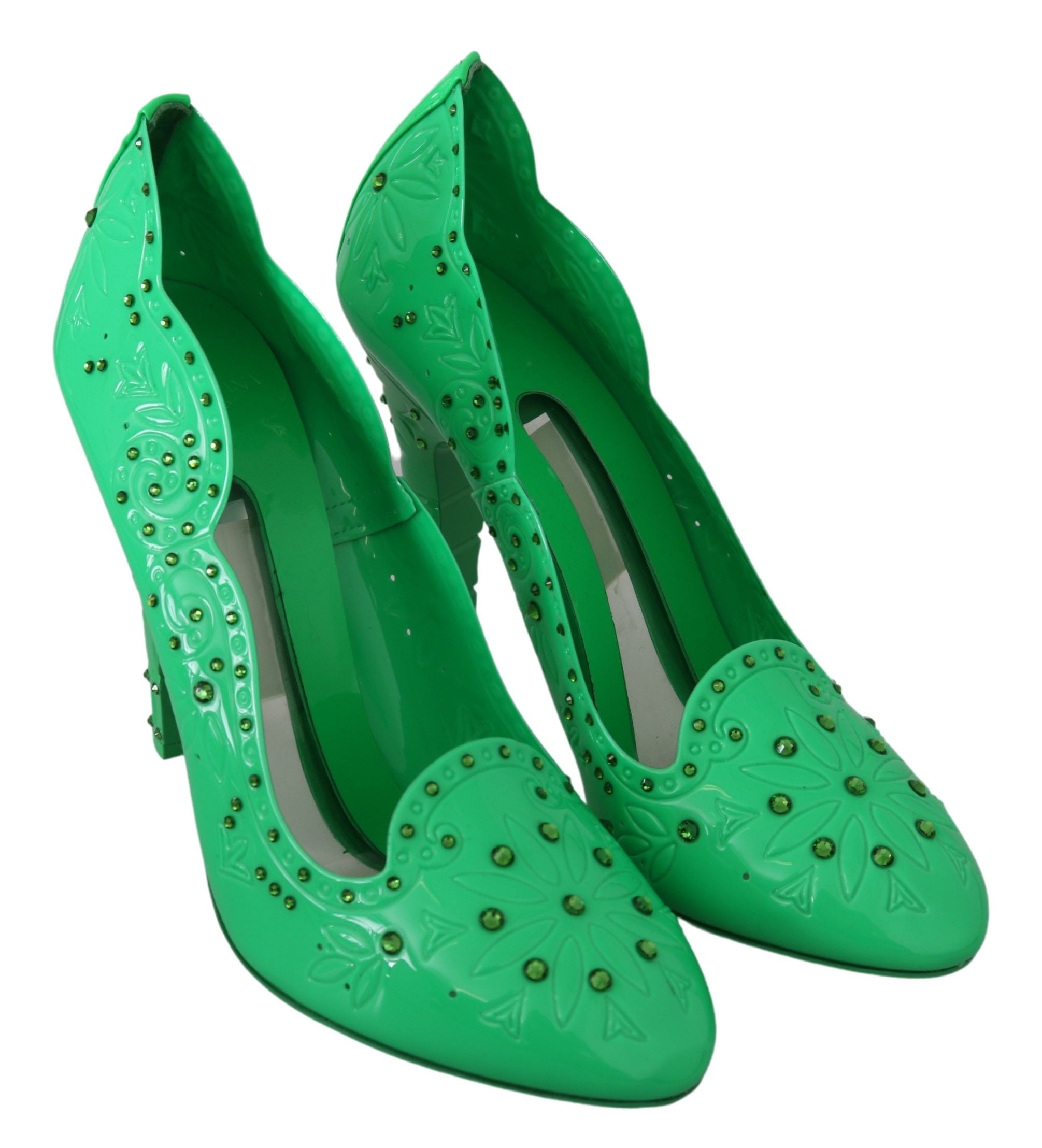 Green crystal floral heels by Dolce & Gabbana featuring intricate floral designs and sparkling crystal embellishments.