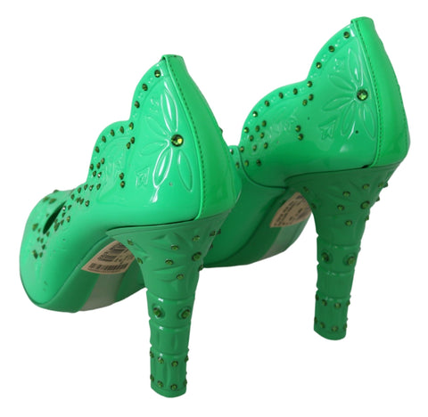 Green crystal floral heels by Dolce & Gabbana featuring intricate floral designs and sparkling crystal embellishments.