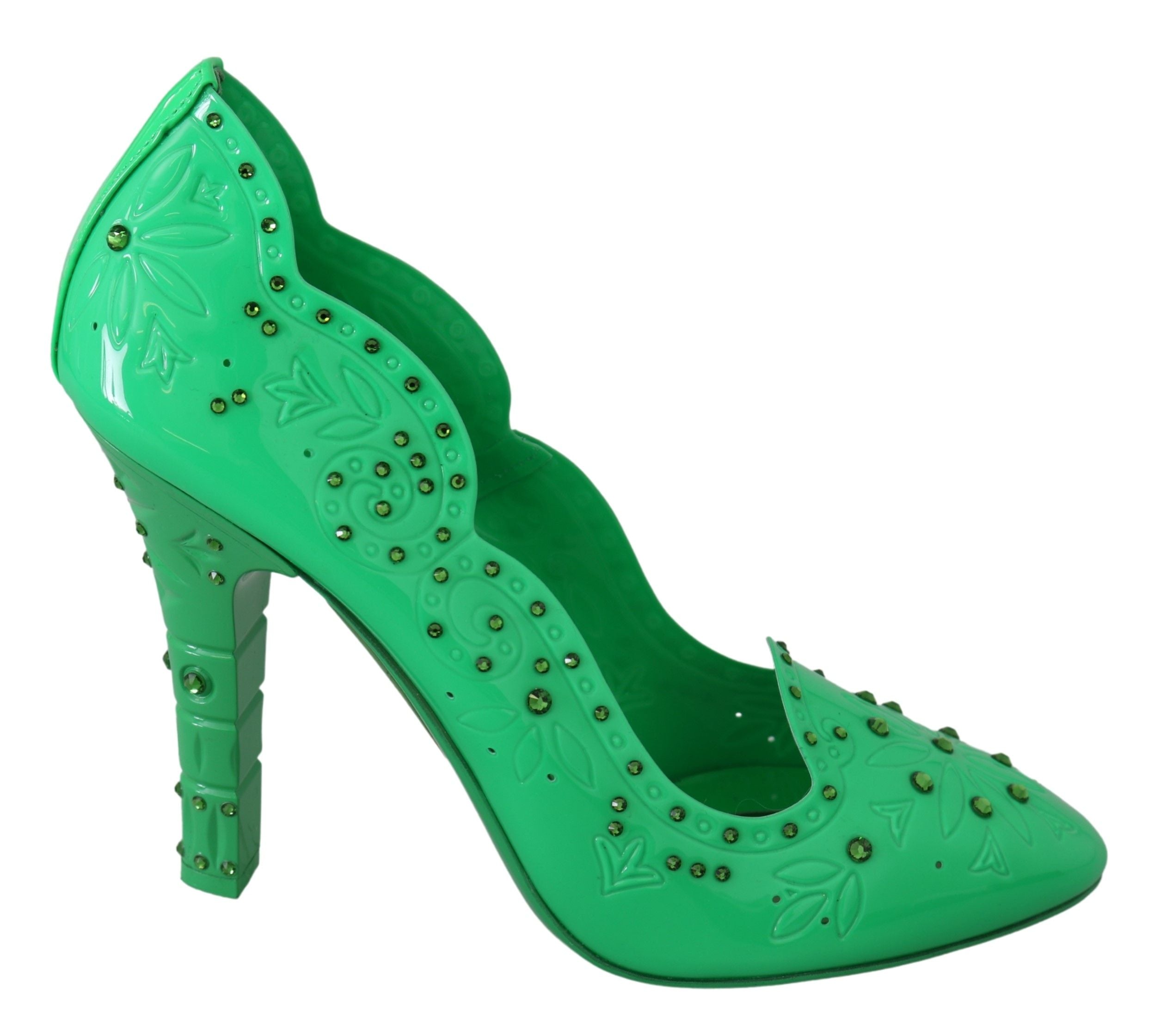 Green crystal floral heels by Dolce & Gabbana featuring elegant floral embellishments and crystal accents.