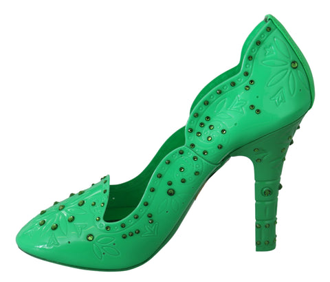 Green crystal floral heels by Dolce & Gabbana featuring intricate floral embellishments and elegant stiletto design.