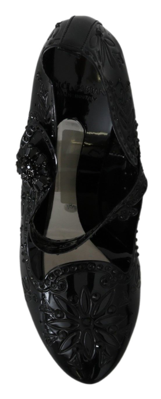 Black floral crystal Cinderella heels shoes by Dolce & Gabbana with elegant floral and crystal embellishments.