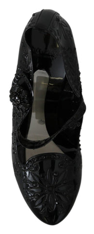 Black floral crystal Cinderella heels shoes by Dolce & Gabbana with elegant floral and crystal embellishments.