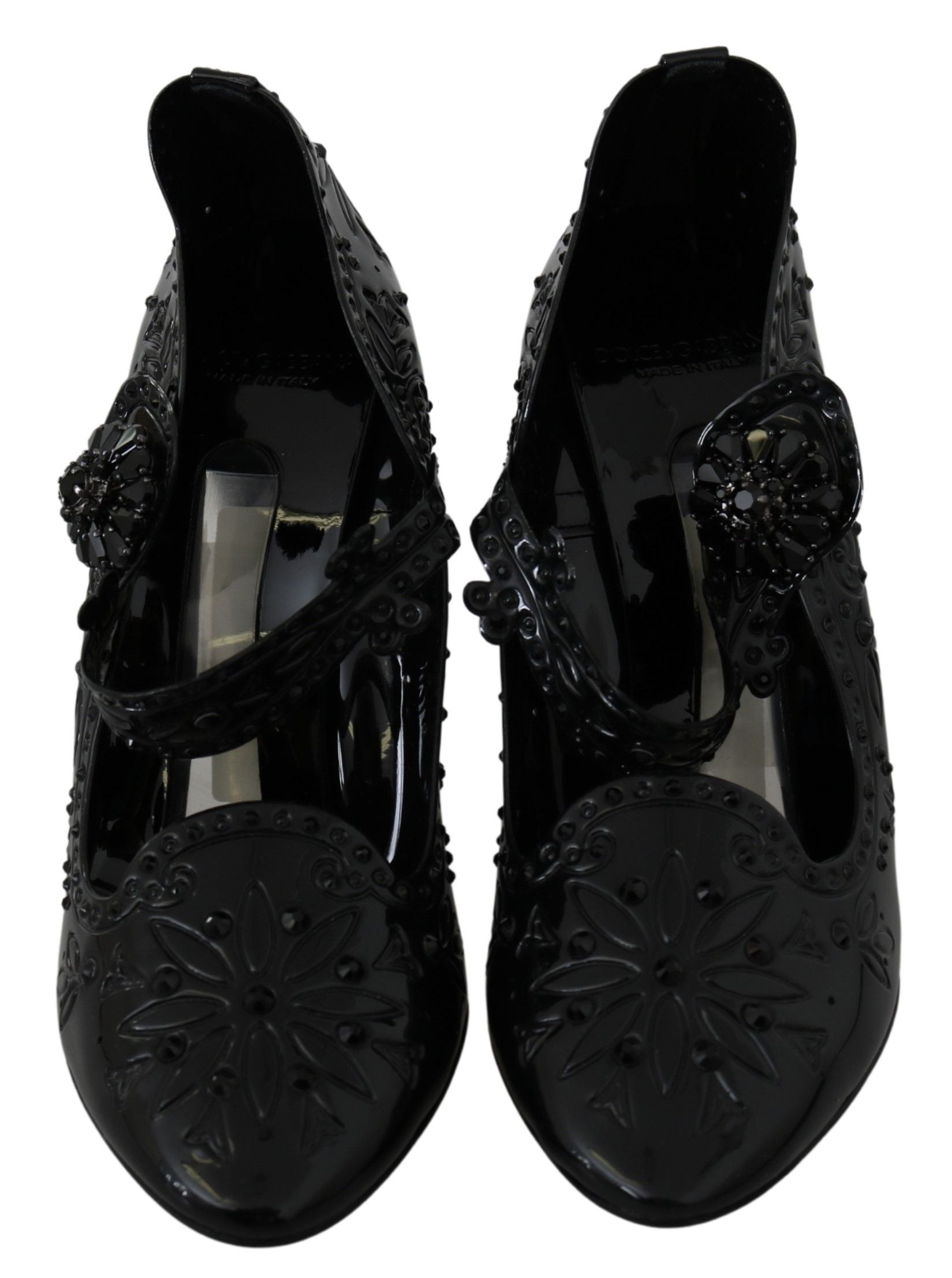 Black floral crystal Cinderella heels shoes by Dolce & Gabbana with elegant floral details and sparkling crystal embellishments.