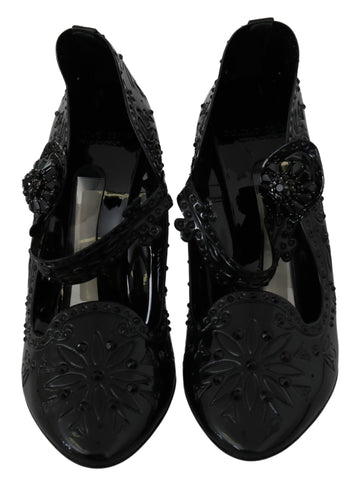 Black floral crystal Cinderella heels shoes by Dolce & Gabbana with elegant floral details and sparkling crystal embellishments.