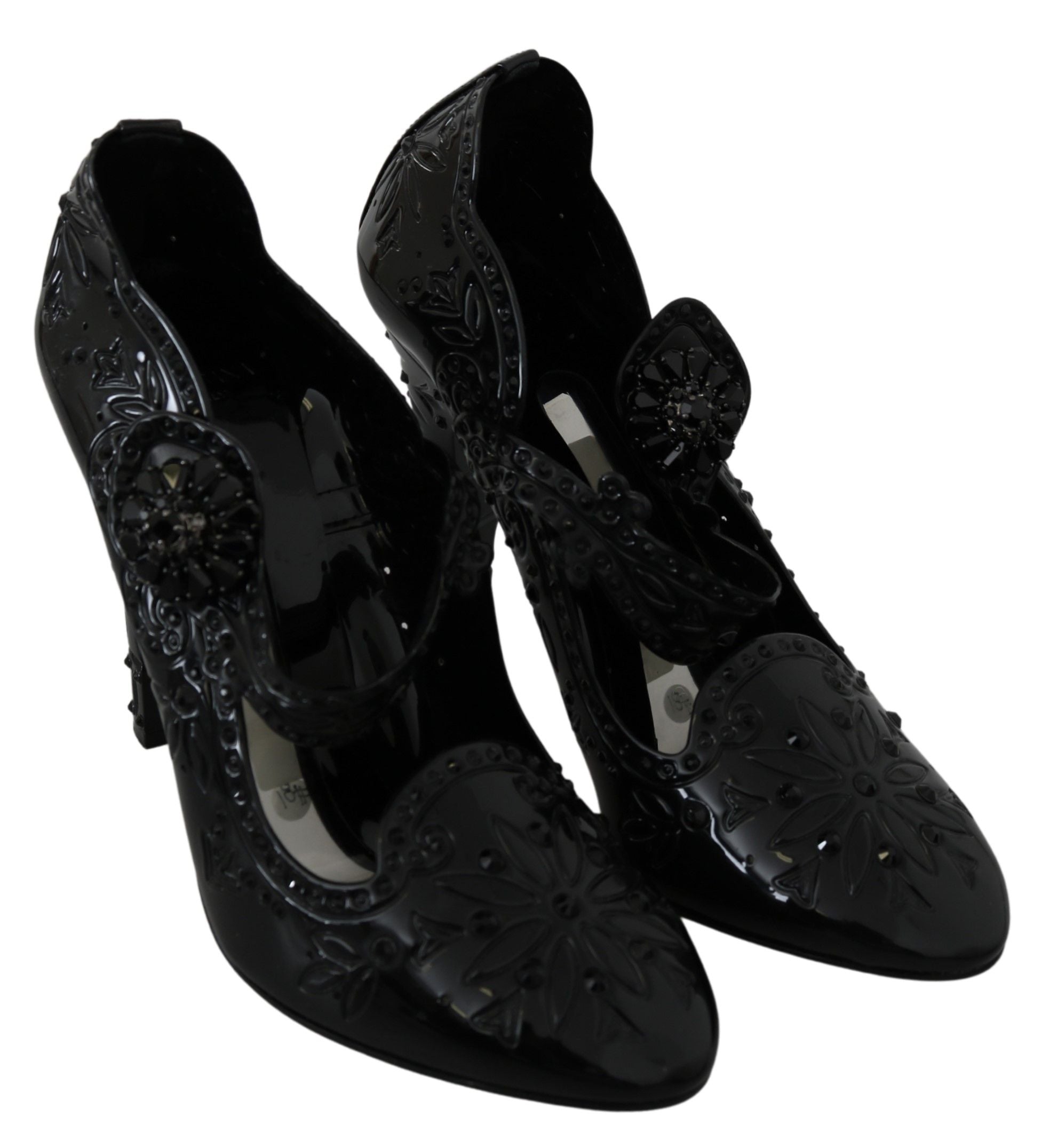 Black floral crystal Cinderella heels shoes by Dolce & Gabbana, featuring elegant floral and crystal embellishments.