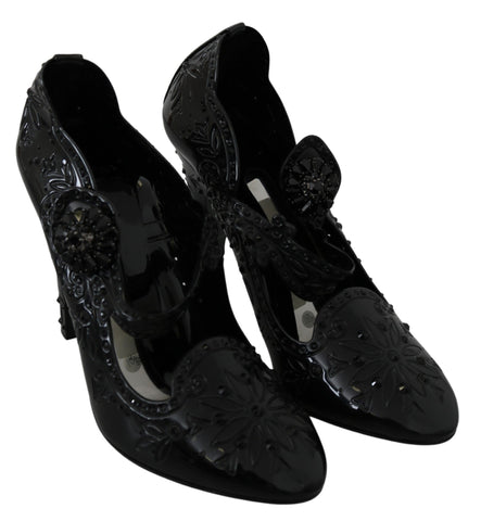 Black floral crystal Cinderella heels shoes by Dolce & Gabbana, featuring elegant floral and crystal embellishments.