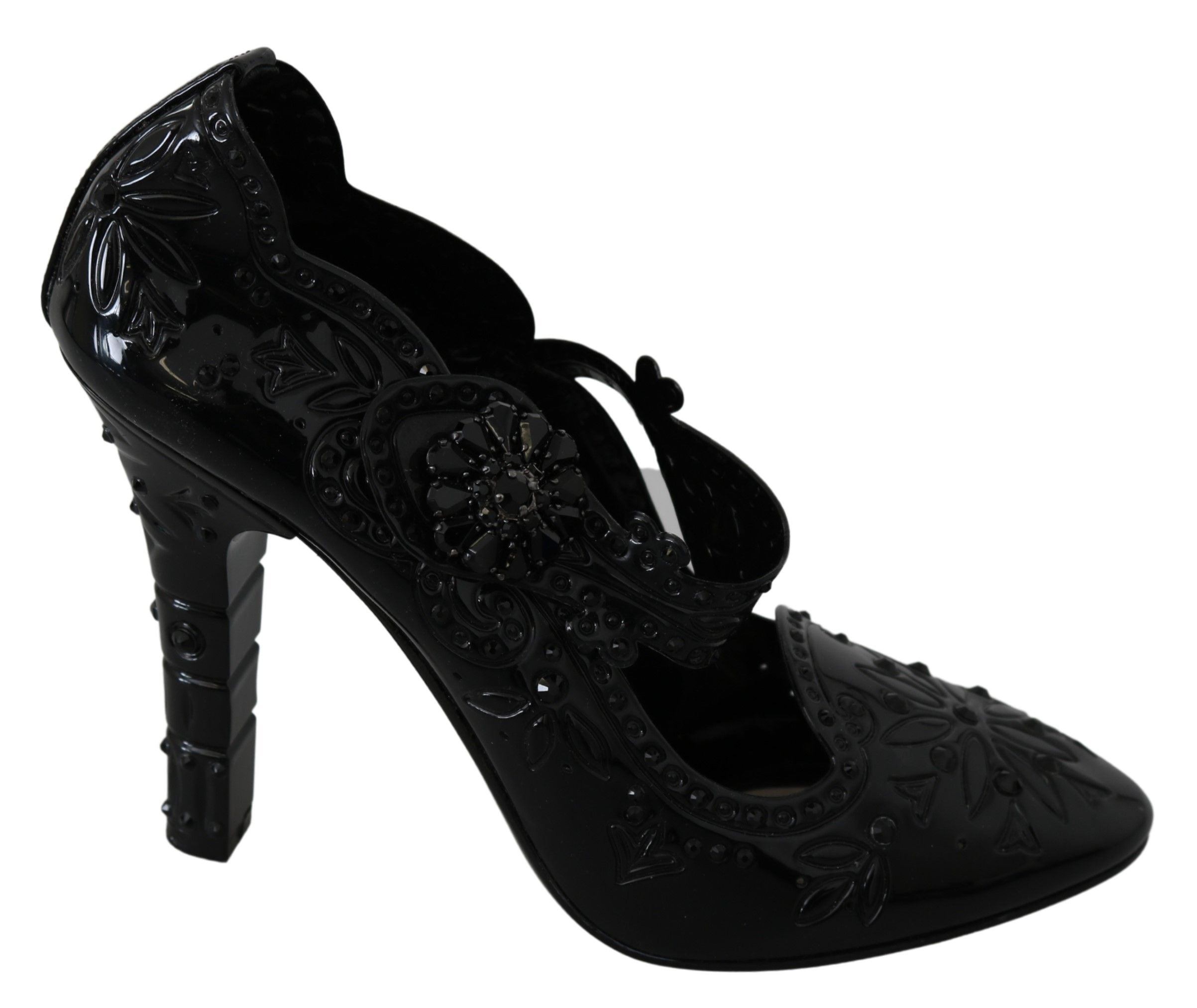Black floral crystal Cinderella heels shoes by Dolce & Gabbana with elegant floral and crystal embellishments.