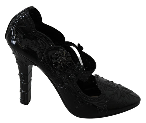 Black floral crystal Cinderella heels shoes by Dolce & Gabbana with elegant floral and crystal embellishments.
