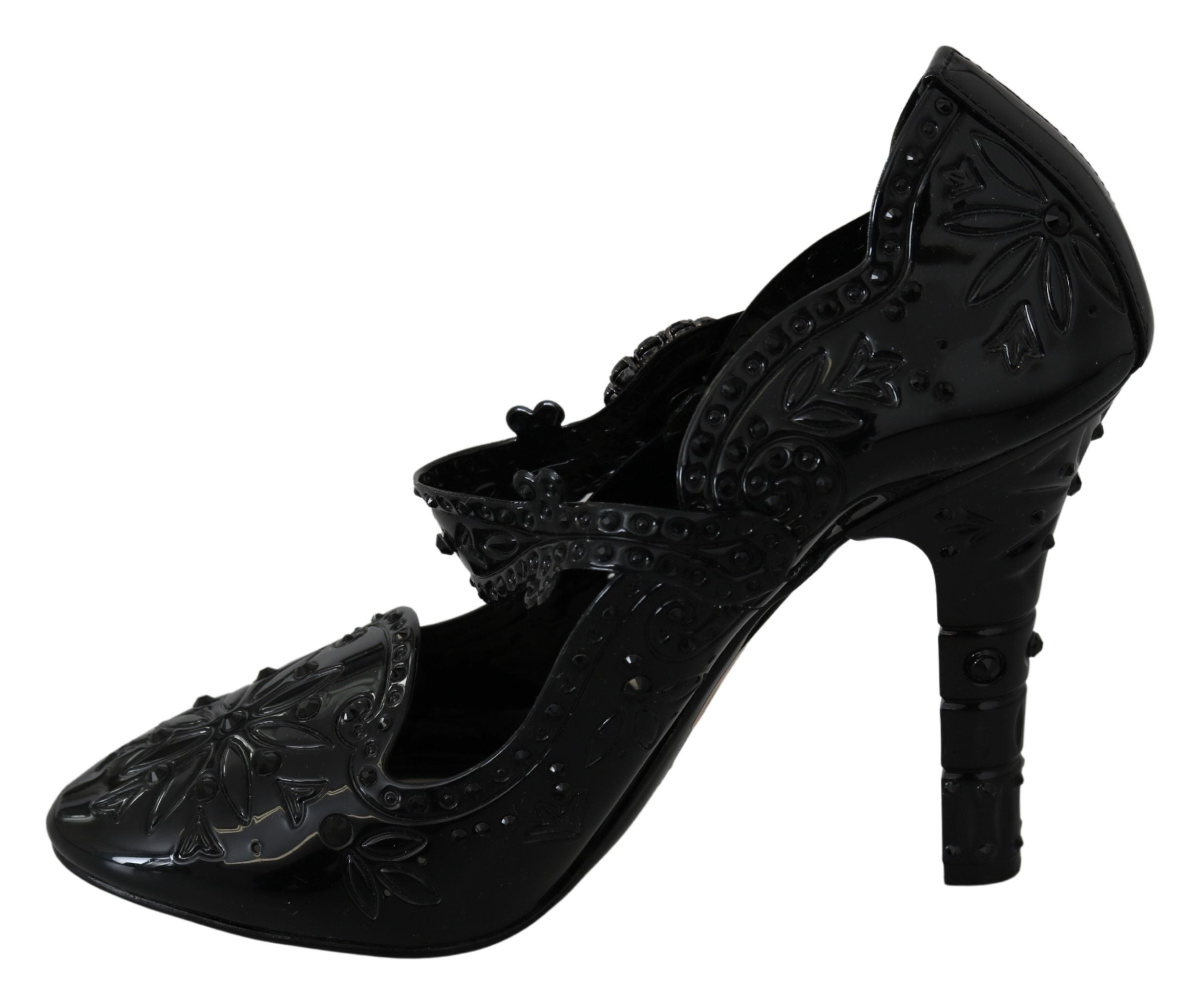 Black floral crystal Cinderella heels by Dolce & Gabbana featuring elegant floral embellishments and sparkling crystal details.
