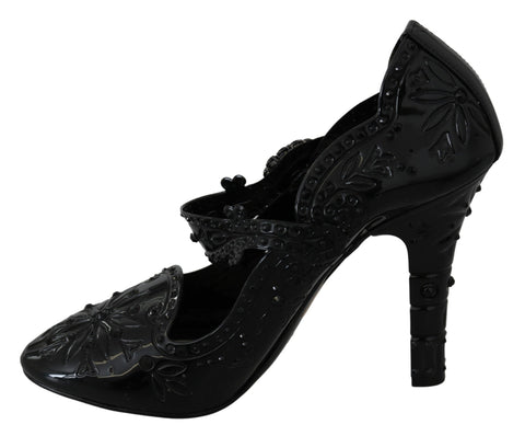 Black floral crystal Cinderella heels by Dolce & Gabbana featuring elegant floral embellishments and sparkling crystal details.