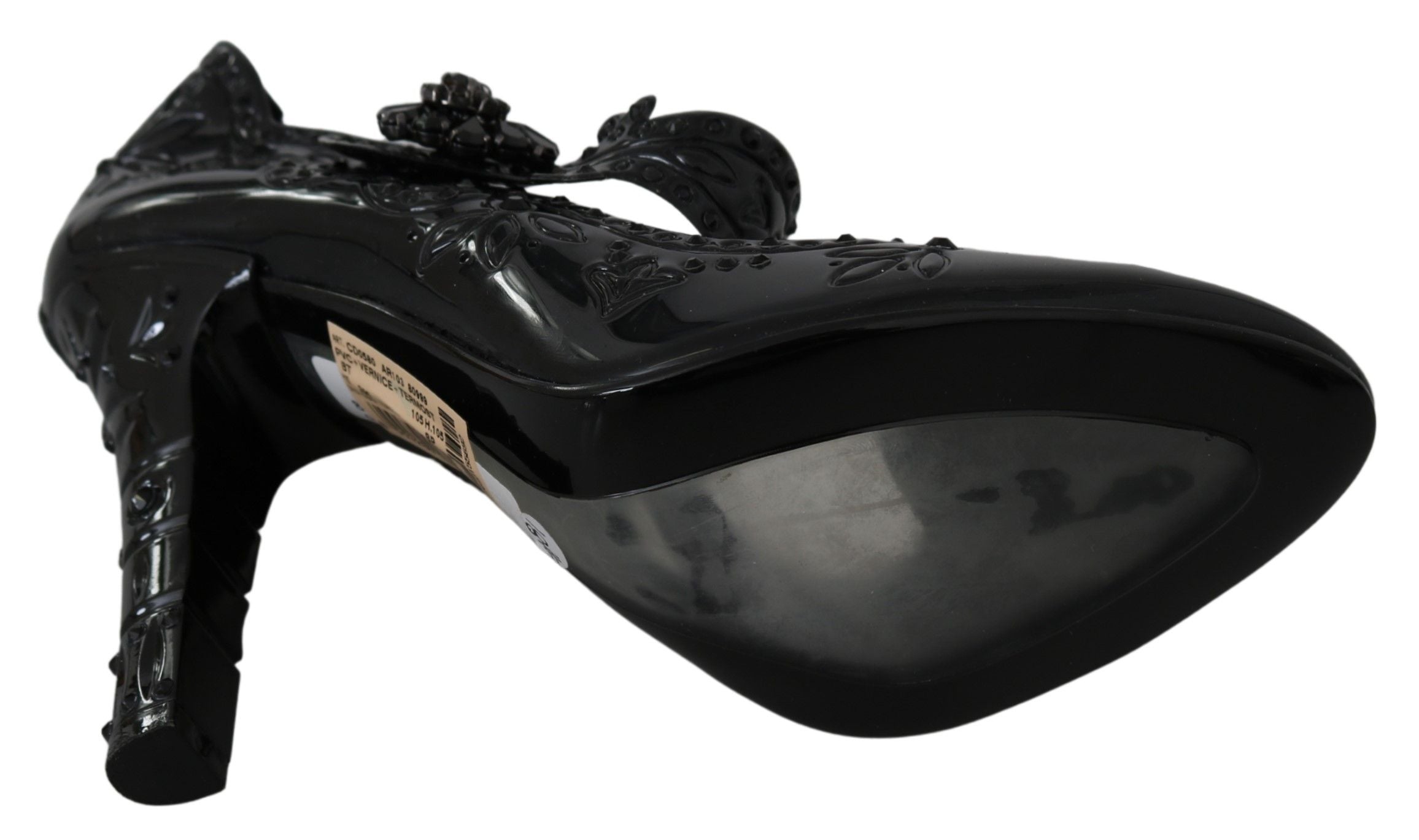 Black floral crystal Cinderella heels shoes by Dolce & Gabbana, featuring intricate floral designs and sparkling crystal embellishments.