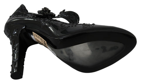 Black floral crystal Cinderella heels shoes by Dolce & Gabbana, featuring intricate floral designs and sparkling crystal embellishments.
