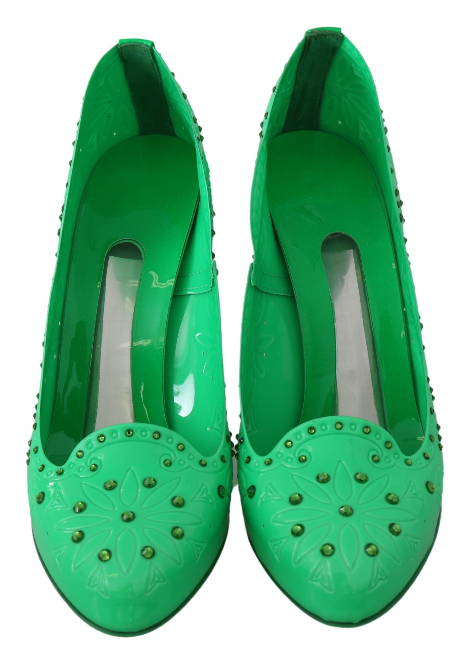Green crystal floral Cinderella heels by Dolce & Gabbana with intricate floral embellishments and elegant design.