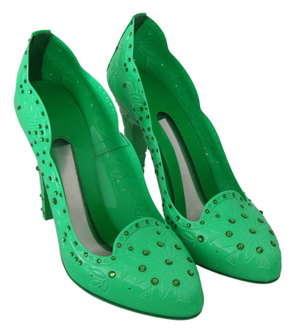 Green crystal floral Cinderella heels shoes by Dolce & Gabbana with intricate floral embellishments and elegant stiletto design.