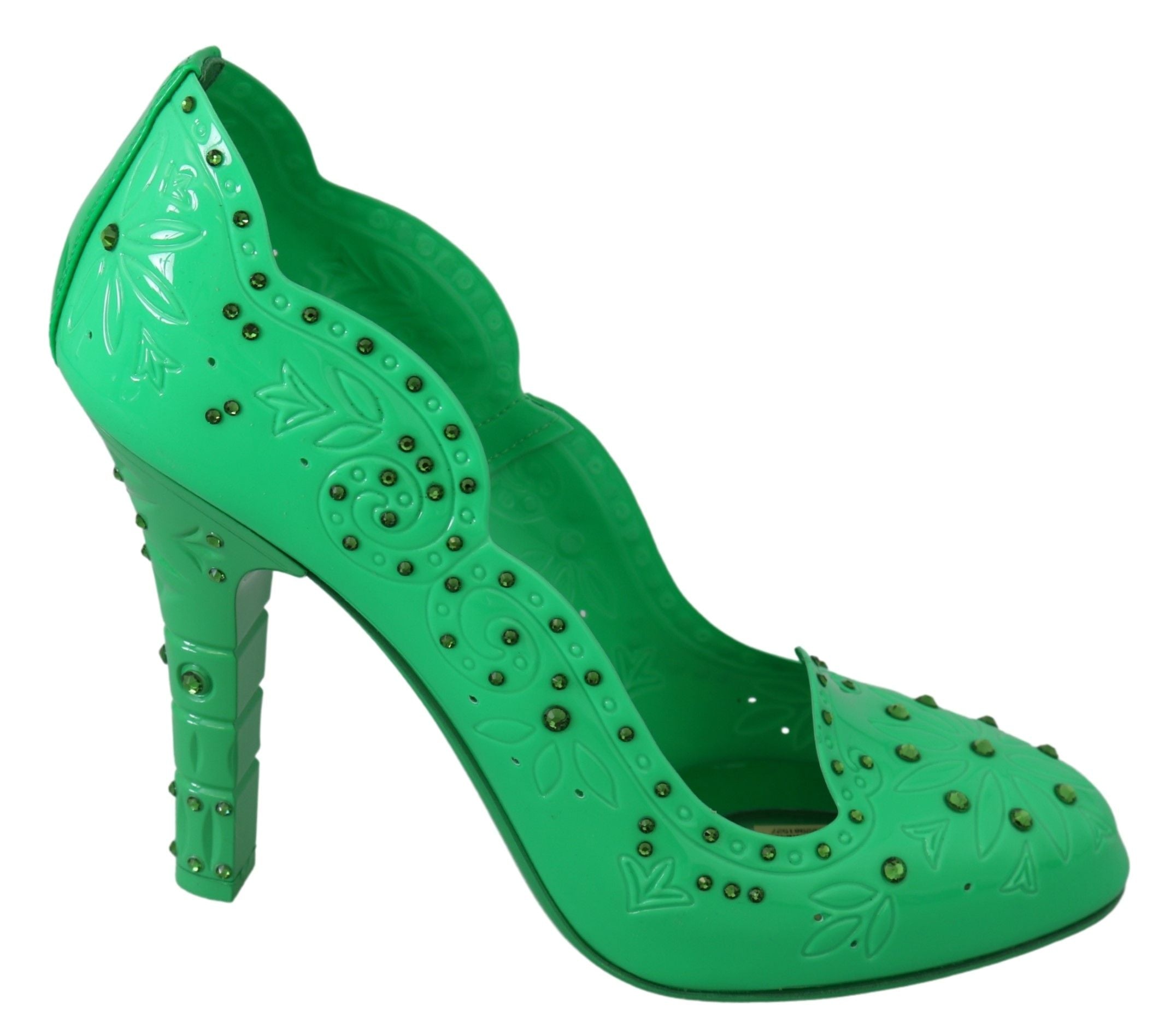 Green crystal floral Cinderella heels shoes by Dolce & Gabbana with intricate floral embellishments and elegant design.
