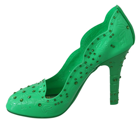 Green crystal floral Cinderella heels by Dolce & Gabbana, featuring intricate floral embellishments and elegant heel design.