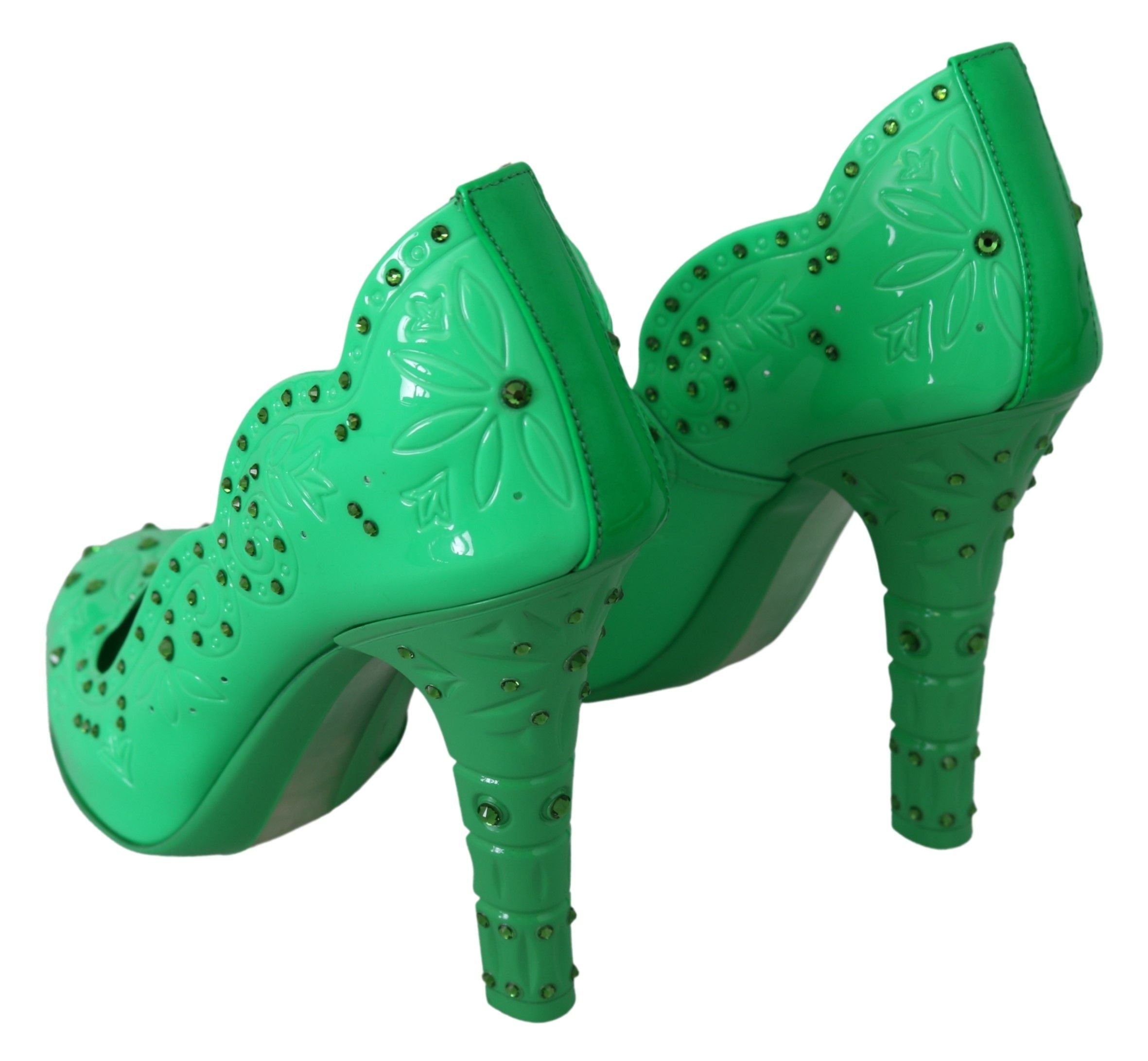 Green crystal floral Cinderella heels shoes by Dolce & Gabbana with intricate floral embellishments and elegant heel design.