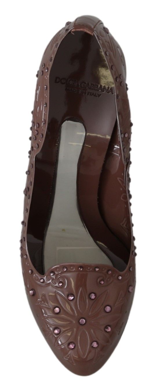 Dolce & Gabbana brown floral crystal heels with elegant design and intricate floral detailing, perfect for formal occasions.