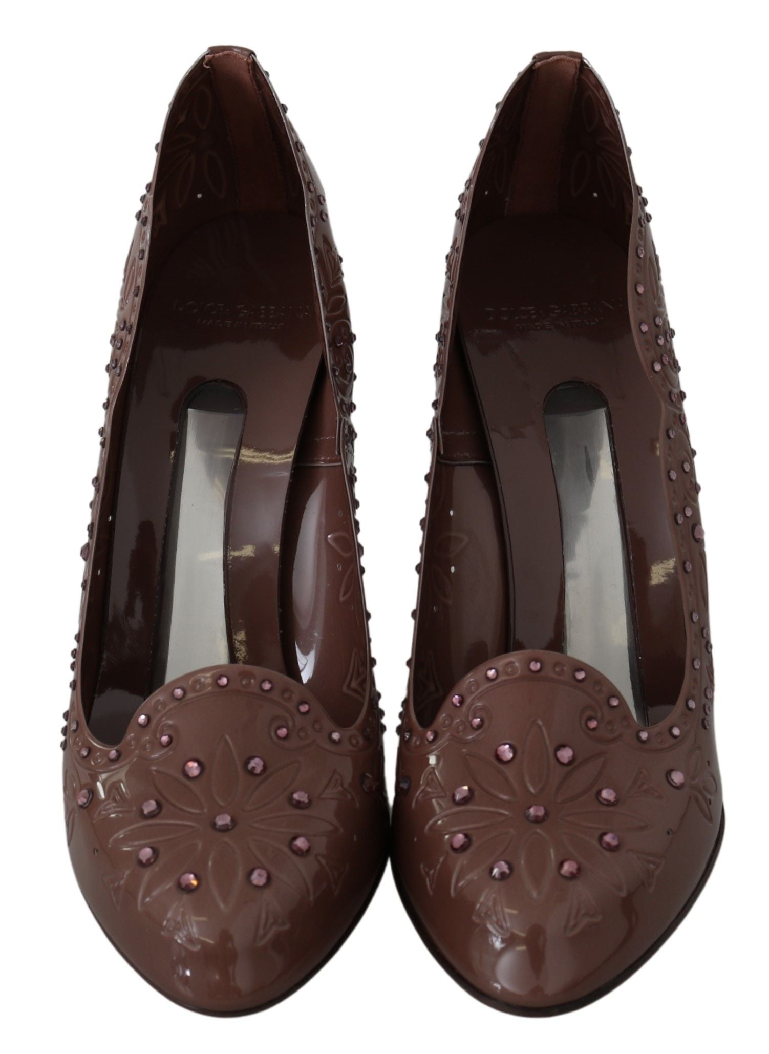 Dolce & Gabbana brown floral crystal heels, Cinderella shoes with elegant floral design and sparkling embellishments.