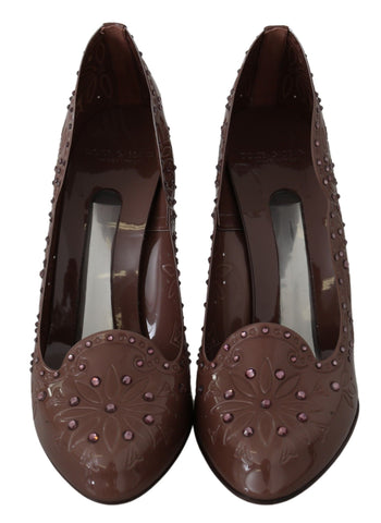 Dolce & Gabbana brown floral crystal heels, Cinderella shoes with elegant floral design and sparkling embellishments.