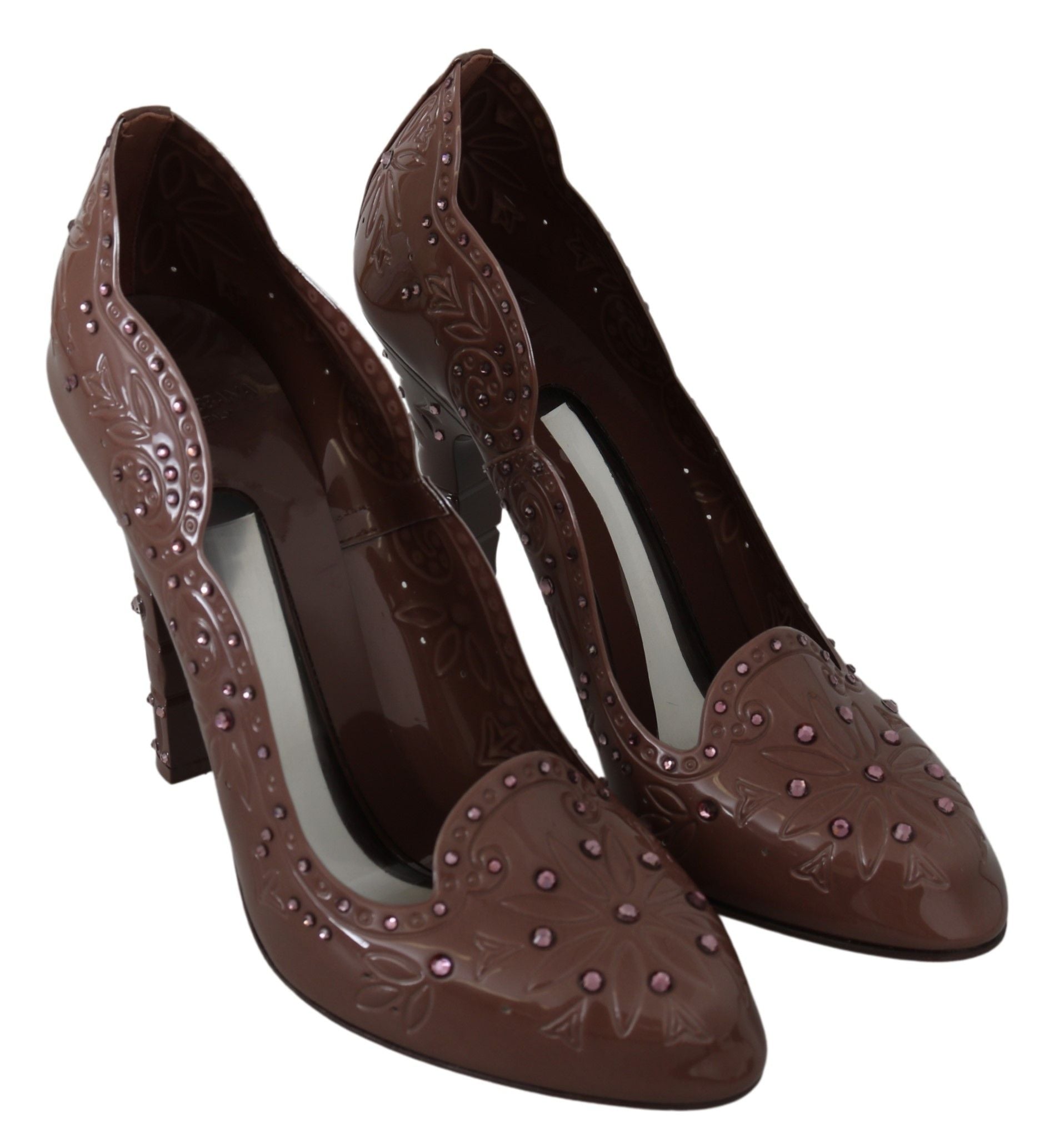 Dolce & Gabbana brown floral crystal heels with elegant design and intricate floral pattern.