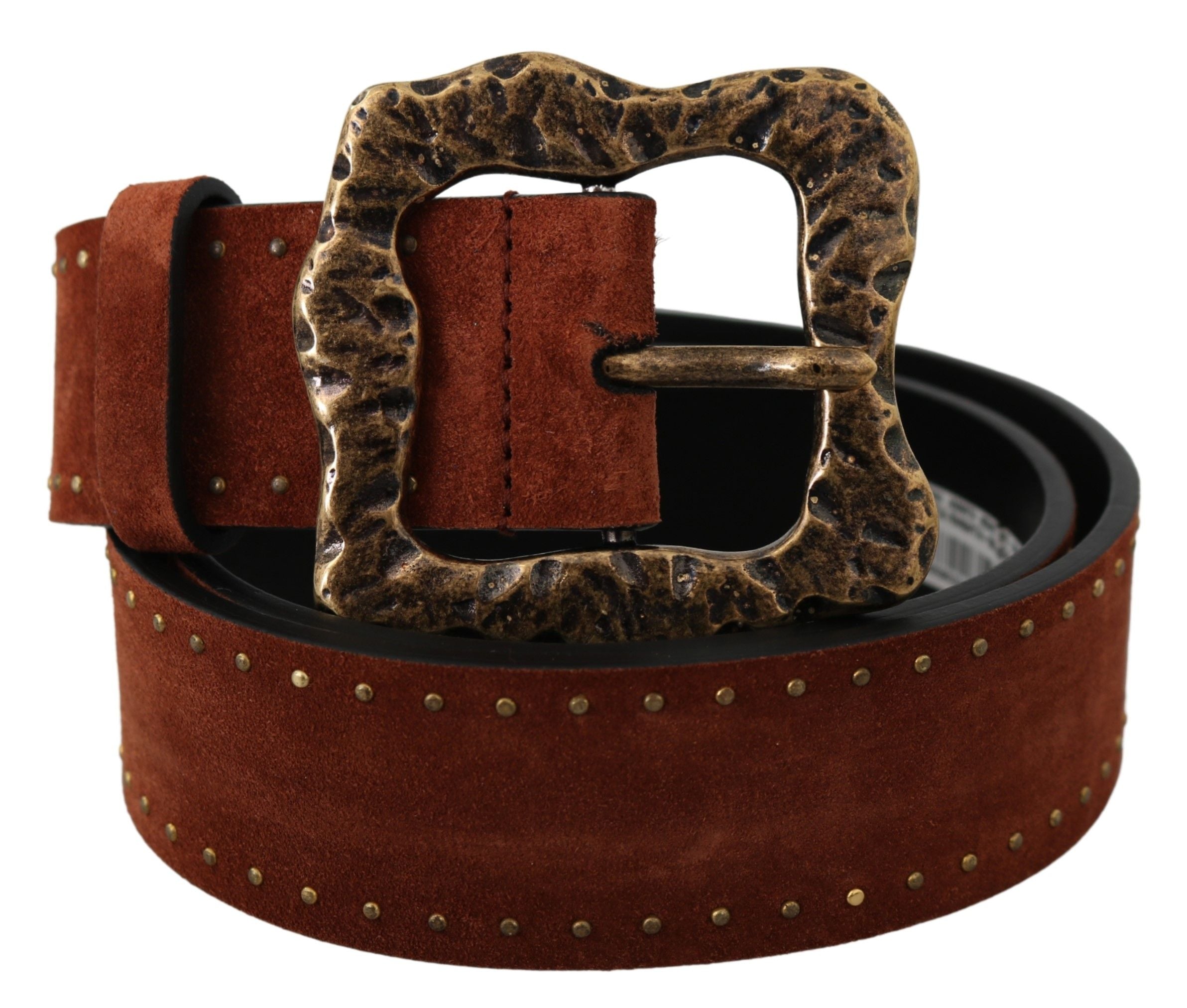 Brown suede leather belt with studded baroque design by Dolce & Gabbana, featuring ornate gold-tone accents and intricate detailing.