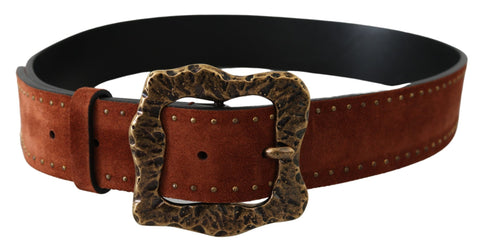 Brown suede leather studded Baroque belt by Dolce & Gabbana with ornate gold-tone details and intricate design.