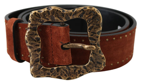 Brown suede leather studded Baroque belt with ornate details from Dolce & Gabbana, featuring a decorative buckle and intricate design.