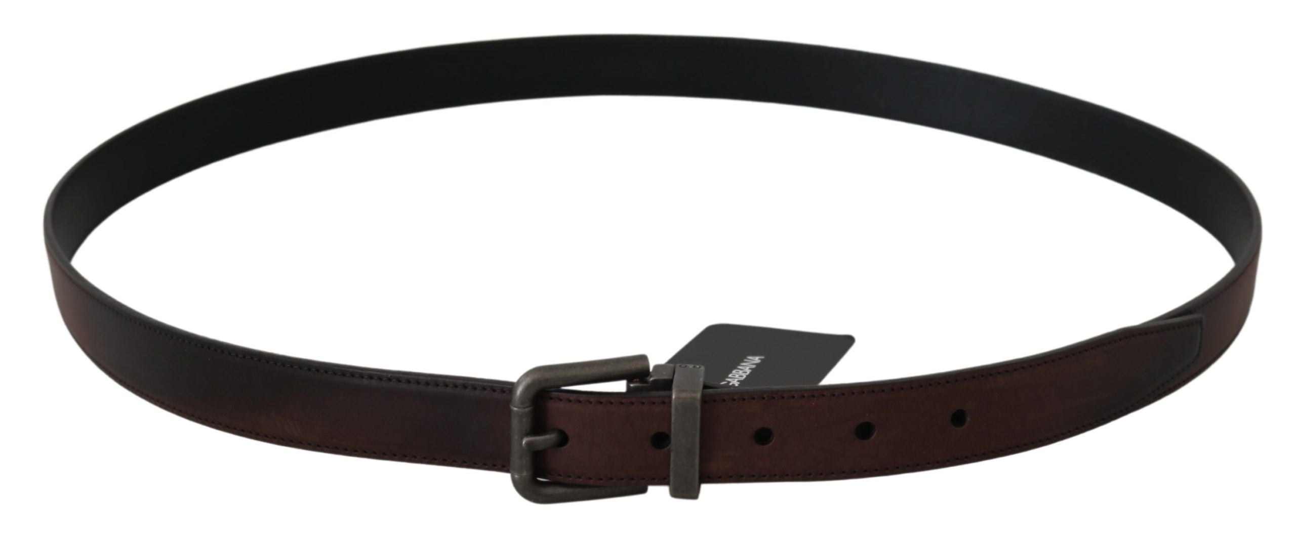 Solid brown leather belt with gray buckle from Dolce & Gabbana, showing the sleek strap and stylish buckle detail.