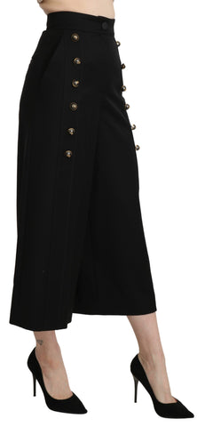 Black wide wool cropped trouser pant by Dolce & Gabbana, featuring a tailored fit and cropped length with a smooth finish.
