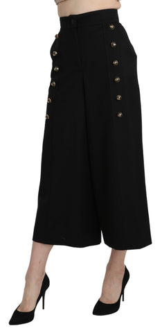 Black wide wool cropped trouser pant by Dolce & Gabbana, featuring a tailored fit and sleek design for stylish professional wear.