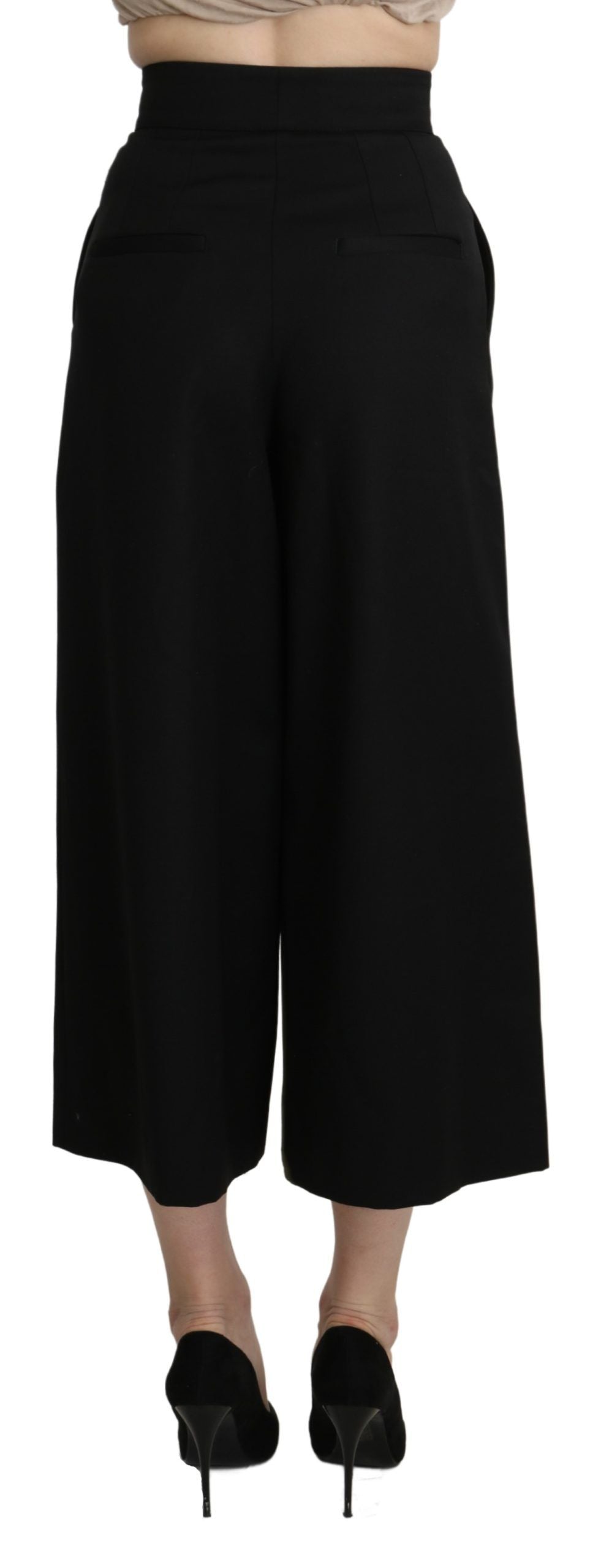Black wide wool cropped trouser pant by Dolce & Gabbana with a tailored fit and cropped ankle length.