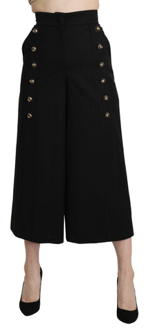 Black wide wool cropped trouser pant from Dolce & Gabbana, featuring a tailored fit and wide leg design.