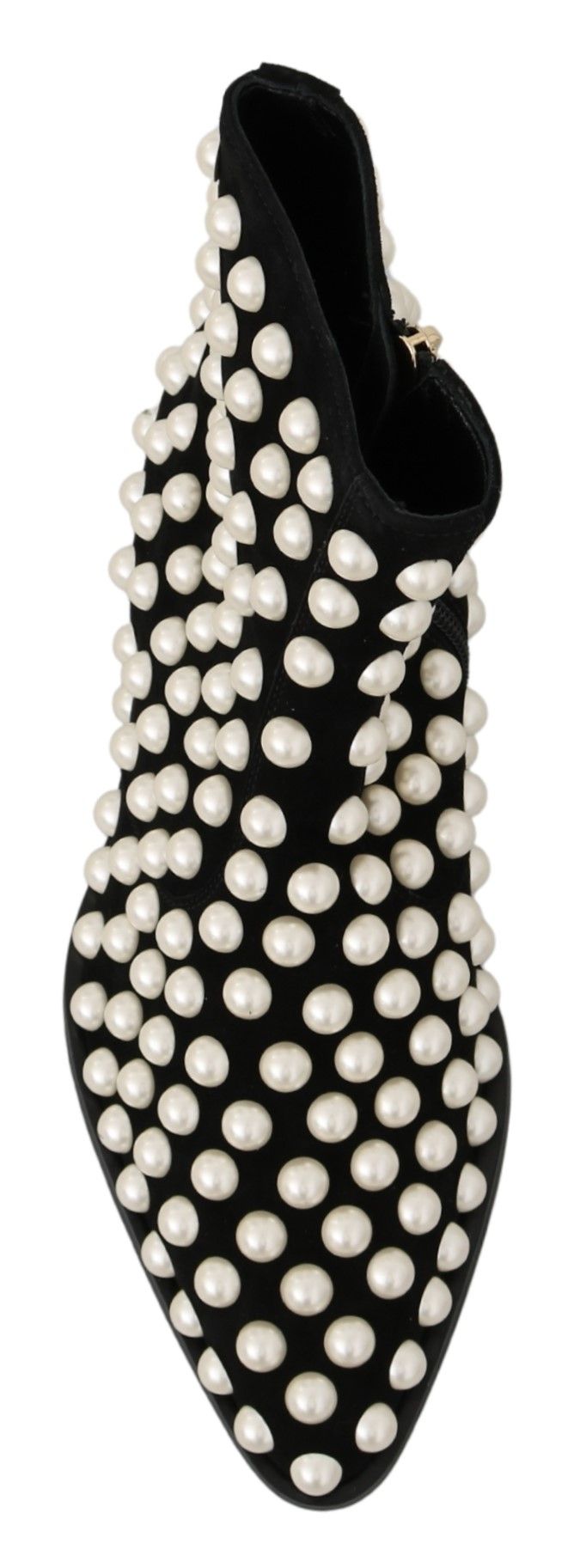 Dolce & Gabbana black suede pearl studded boots showing the side view with pearl accents and sleek design.