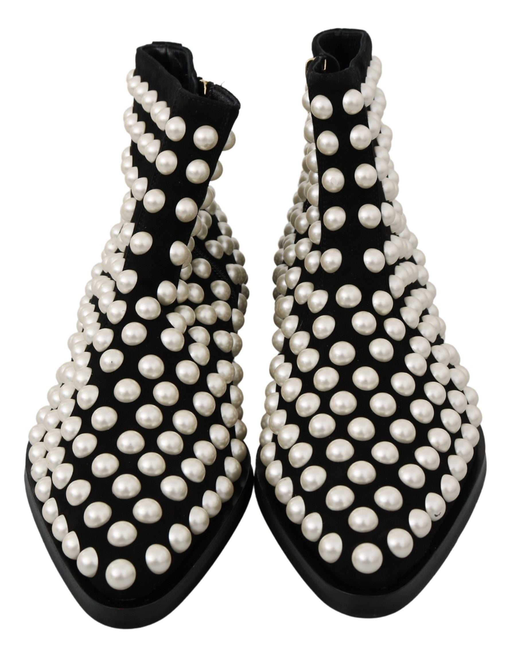 Black suede pearl studded Dolce & Gabbana boots with pointed toe and block heel, showcasing a stylish and elegant footwear design.