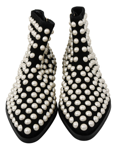 Black suede pearl studded Dolce & Gabbana boots with pointed toe and block heel, showcasing a stylish and elegant footwear design.