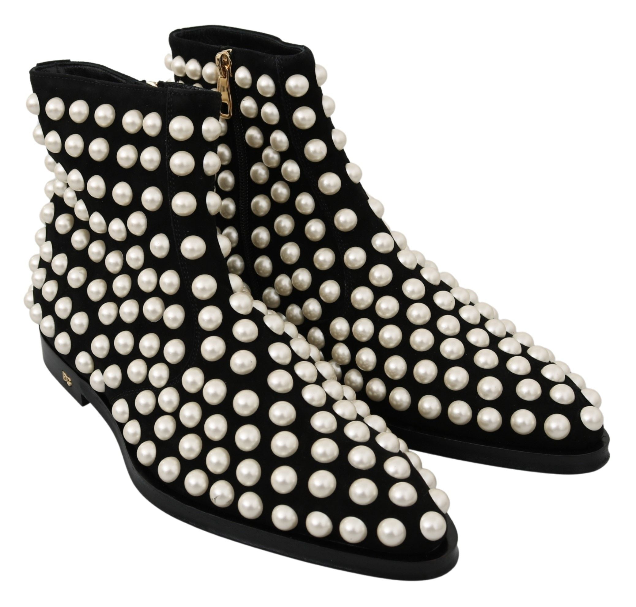 Black suede pearl studded boots by Dolce & Gabbana showing sleek design and decorative pearl accents on the shoes.