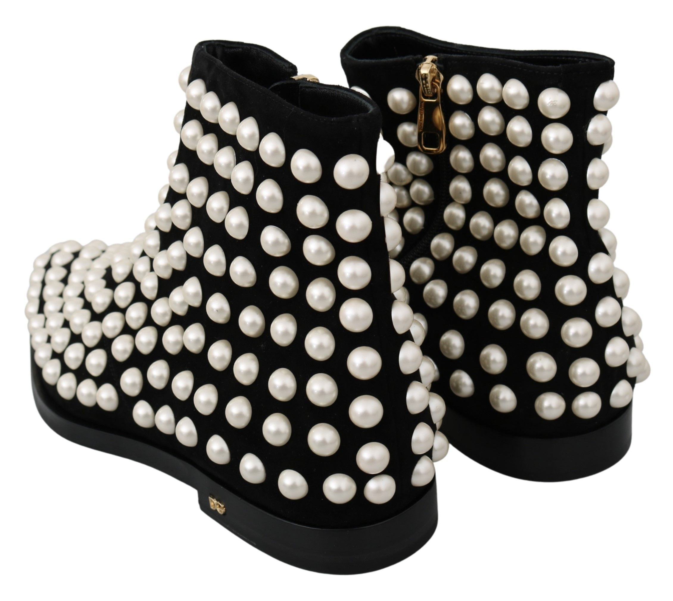 Black suede pearl studded boots by Dolce & Gabbana, stylish ankle shoes with decorative pearl embellishments.