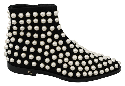 Black suede Pearl Studs boots by Dolce & Gabbana featuring rounded toe and decorative pearl stud accents.