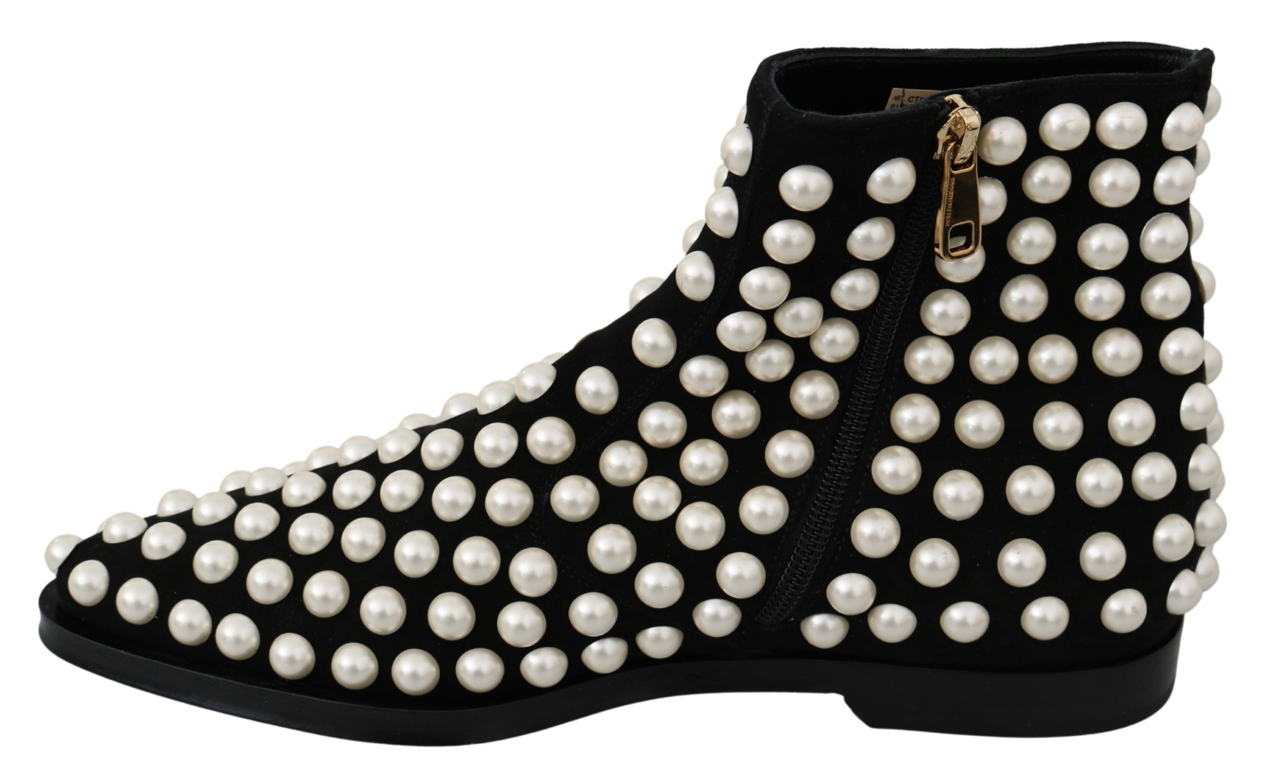 Black suede pearl studded boots by Dolce & Gabbana, featuring a sleek design and stylish embellishments.